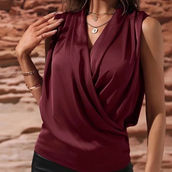 Luxe Satin Overlap Sleeveless Blouse - Picture 5 of 11